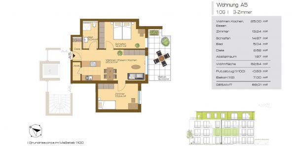 Neubauprojekt GRÜNE MITTE - Grundriss WHG A2 | 3 Zimmer | 1.OG